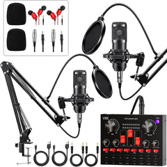 Podcast Equipment Bundle for 2, Audio Interface with Voice Changer Condenser Microphone for Gamer, All-in-One Audio Mixer Perfect for Live Streaming, Singing, YouTube, Gaming