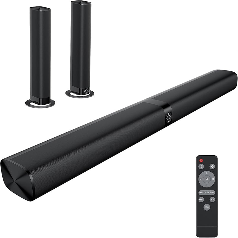 Sound Bar for Smart TV, Soundbar with Bluetooth/ARC/Opt/AUX Connect, Auto Volume Boost, 3 Equalizer Modes, 2 in 1 Detachable Soundbar for TV/PC/Gaming/Projectors