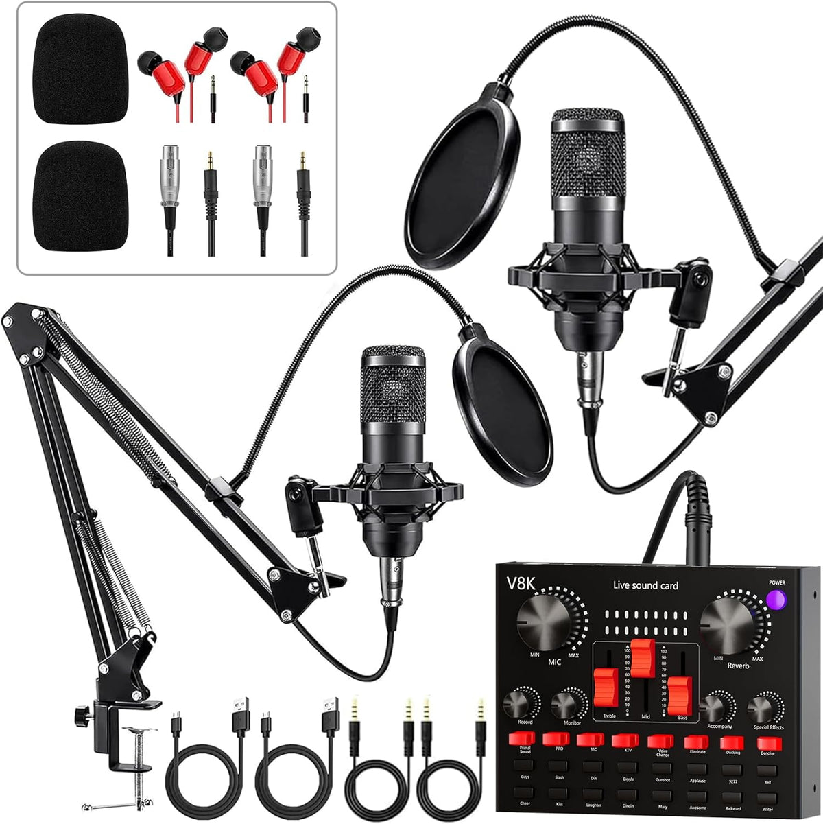 Podcast Equipment Bundle for 2, Audio Interface with Voice Changer Condenser Microphone for Gamer, All-in-One Audio Mixer Perfect for Live Streaming, Singing, YouTube, Gaming