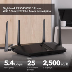 NETGEAR Nighthawk 6-Stream Dual-Band WiFi 6 Router (RAX54S) – Security Features, AX5400 Wireless Speed, Up to 5.4 Gbps, Covers up to 2,500 sq. ft., 25 Devices - 1-Year Armor Subscription Included